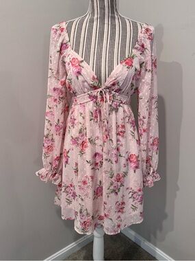 Babydoll Mini Dress Long Sleeve Floral Cottagecore Coquette Plunge V-Neck Sz M